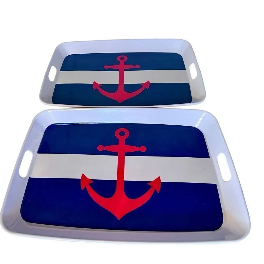 Set of 2 Anchors Aweigh Melamine Handle Tray in Red White & Blue